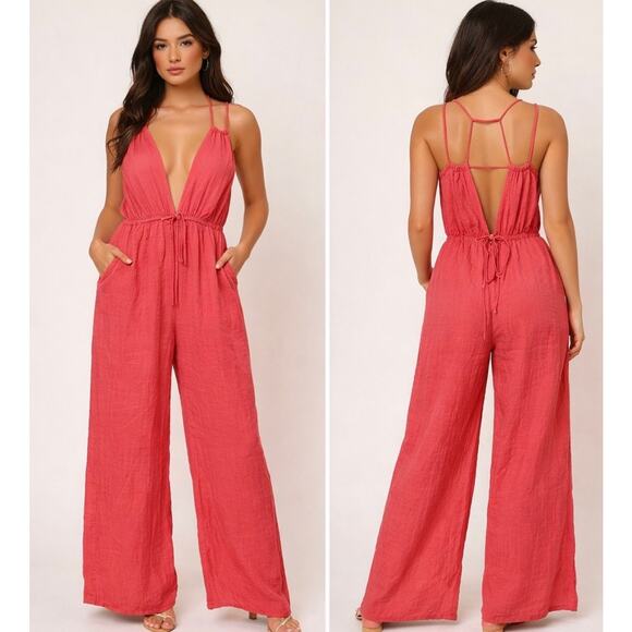 BlueVELVET Pants - BlueVELVET jumpsuit V-neck, halter-straps-criss-cross back, side cut-outs S Nwt